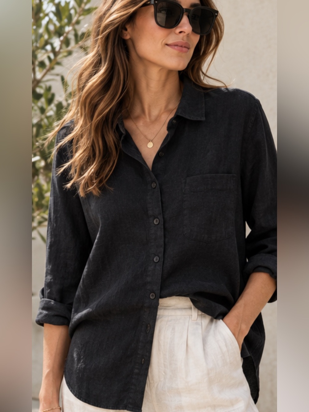 UNIQLO 100% Linen Button Down Shirt XL Black Charcoal Long Sleeve